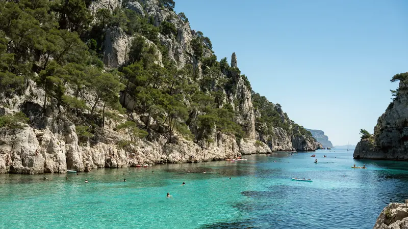 Calanque aux falaises calcaires boisées de pins et à l'eau turquoise, entre Marseille et Cassis