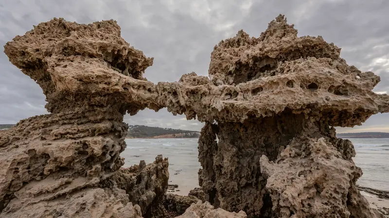Rochers alvéolés sculptés par l'érosion au bord d'une plage sous un ciel nuageux