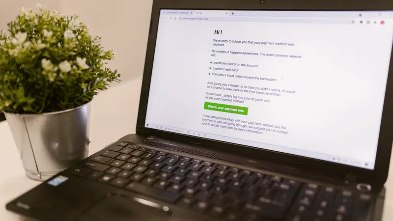 Ordinateur portable affichant un message en anglais de paiement refusé, à côté d'une plante en pot