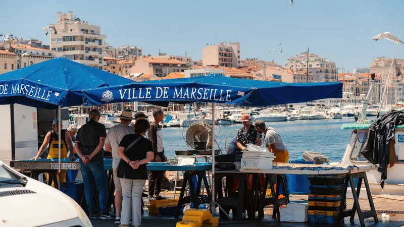 Étals de pêcheurs sous des parasols bleus Ville de Marseille sur le quai du Vieux-Port, bateaux et immeubles en arrière-plan