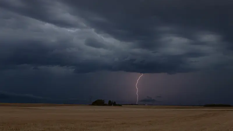 Éclair d'orage tombant d'un ciel sombre au-dessus d'un champ moissonné